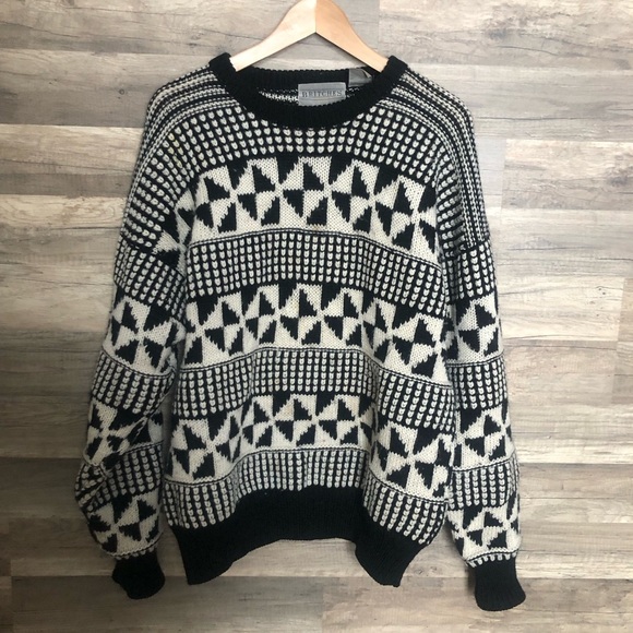 Vintage Britches Black and White Geometric Wool Knit Crewneck Sweater Large - Picture 4 of 11